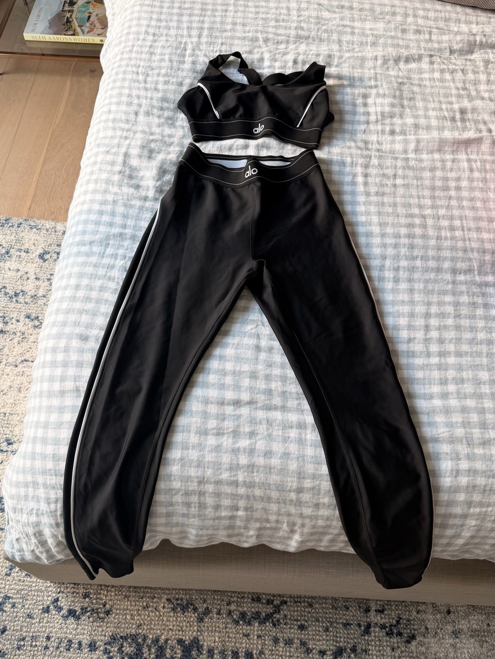 ALO Yoga Black Track Pants & Matching Sports Bra with White Piping